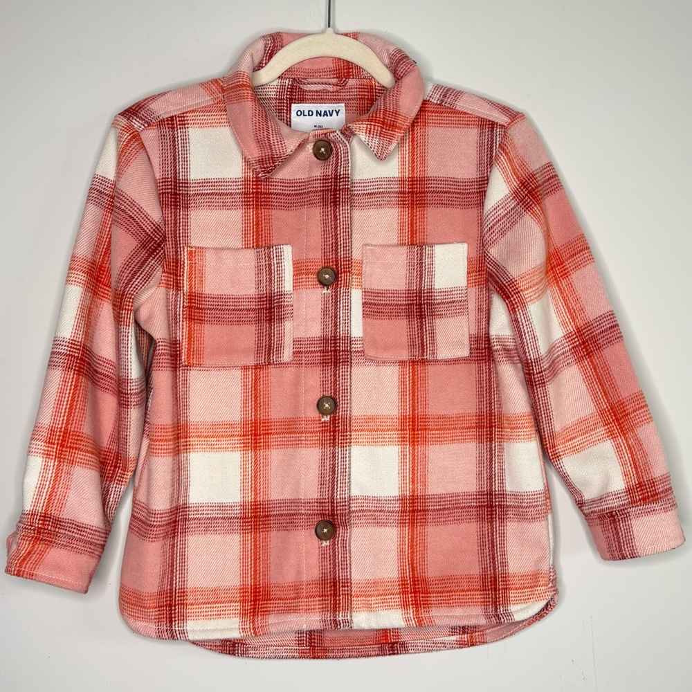 Old Navy Girls Size 8 Pink Orange Plaid Shacket Flannel Long Sleeve